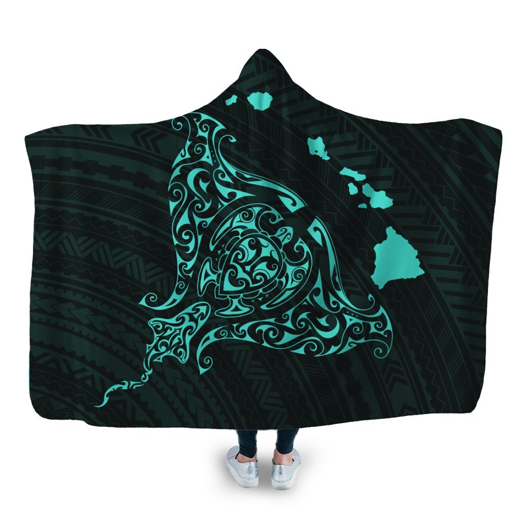 Hawaiian Map Manta Ray Turquoise Polynesian Hooded Blanket - AH Hooded Blanket White - Polynesian Pride