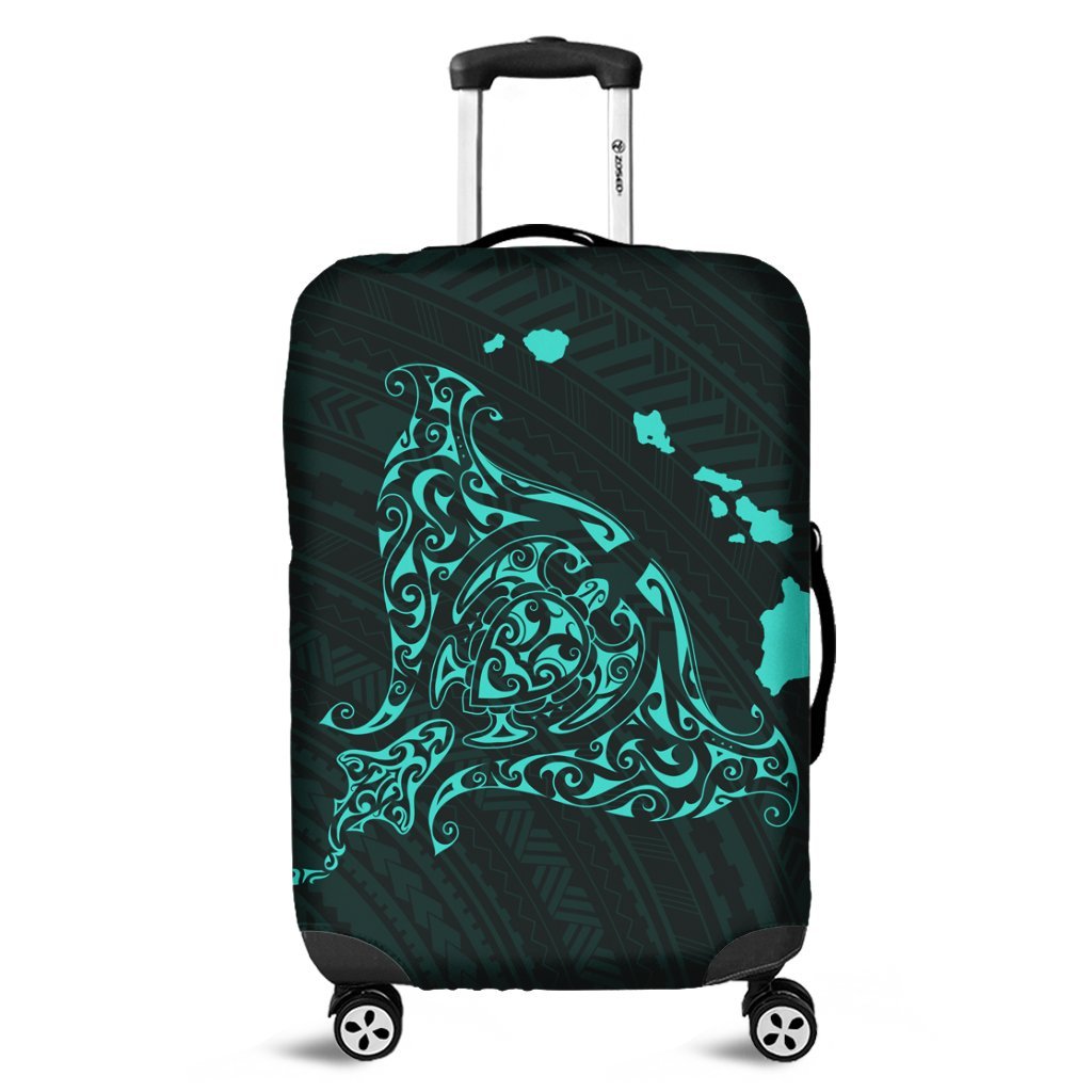 Hawaiian Map Manta Ray Turquoise Polynesian Luggage Covers - AH Black - Polynesian Pride