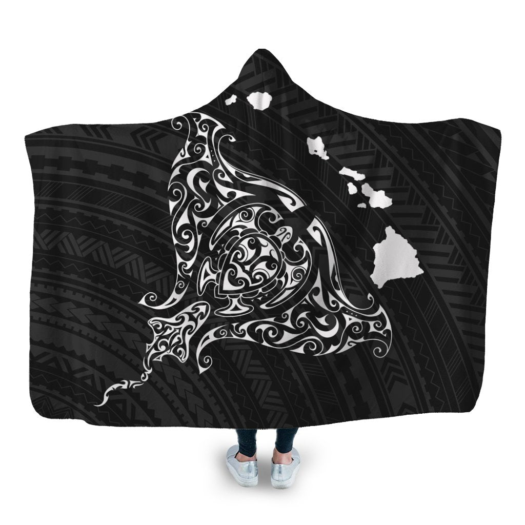 Hawaiian Map Manta Ray White Polynesian Hooded Blanket - AH Hooded Blanket White - Polynesian Pride