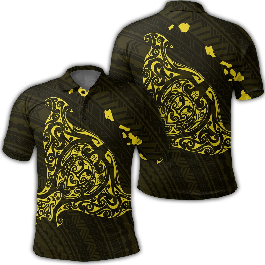 Hawaiian Map Manta Ray Yellow Polynesian Polo Shirt Unisex Black - Polynesian Pride