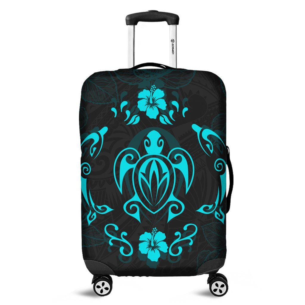 Hawaiian Map Turtle Dolphin With Plumeria Luggage Covers - AH Black - Polynesian Pride