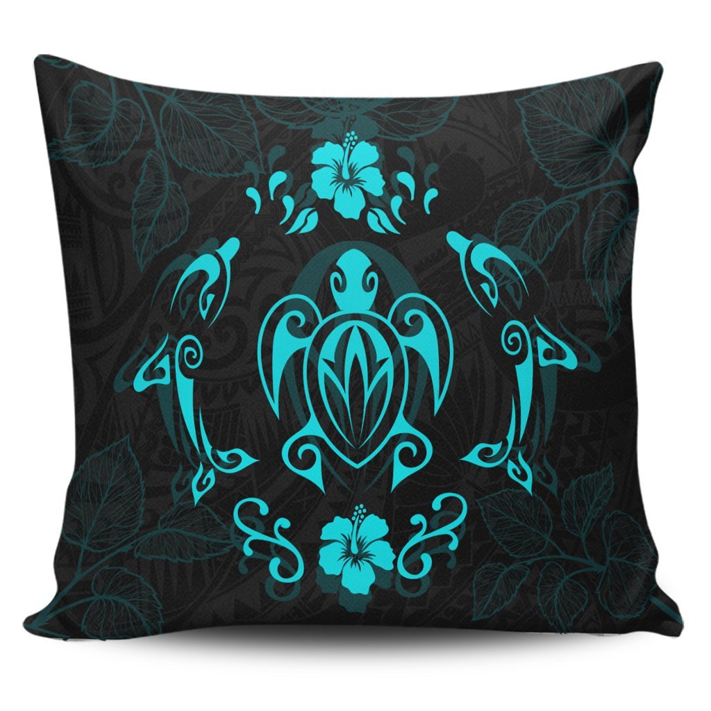 Hawaiian Map Turtle Dolphin With Plumeria Pillow Covers - AH Pillow Covers Black - Polynesian Pride