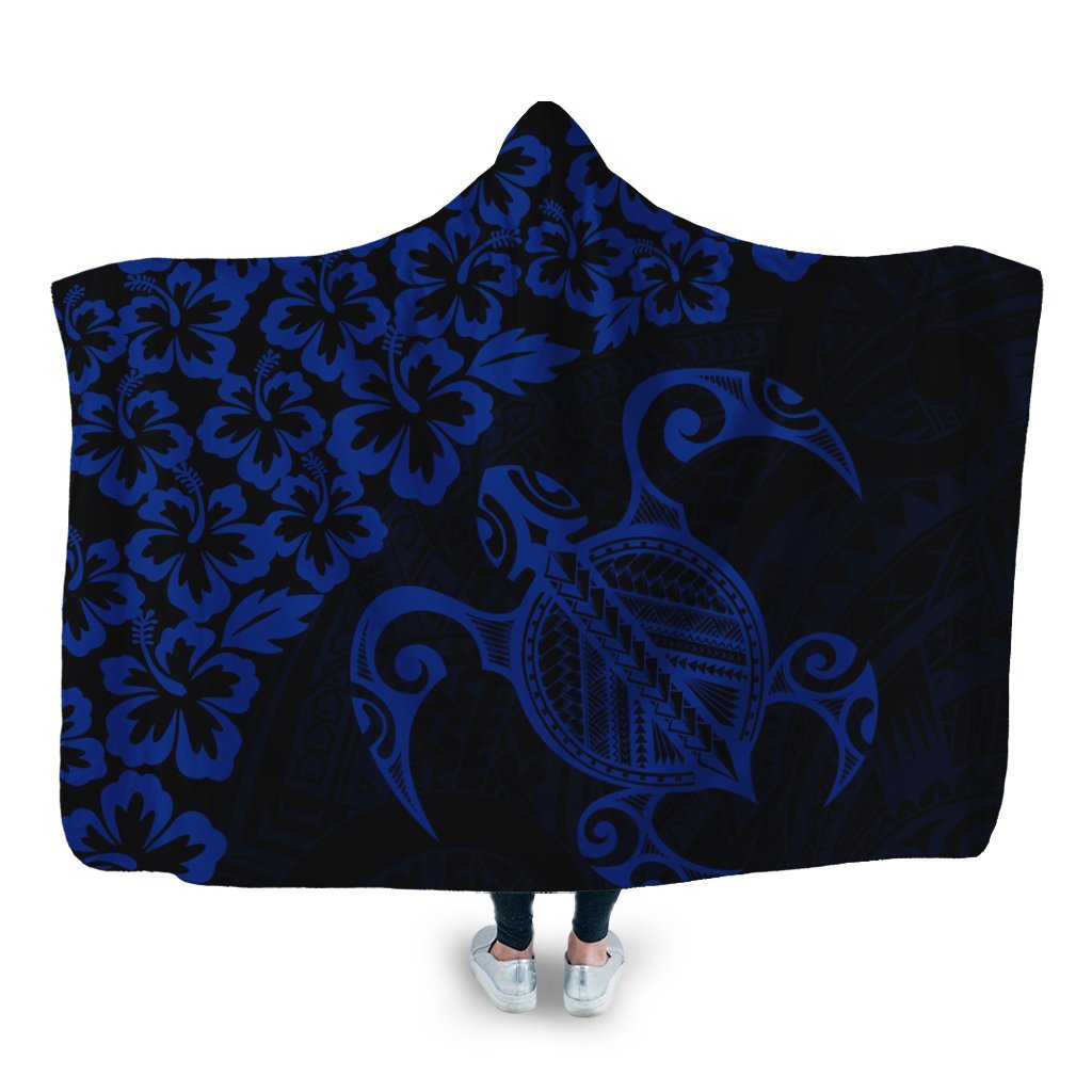 Hawaiian Map Turtle Hibiscus Kanaka Polynesian Hooded Blanket - Blue - AH Hooded Blanket White - Polynesian Pride