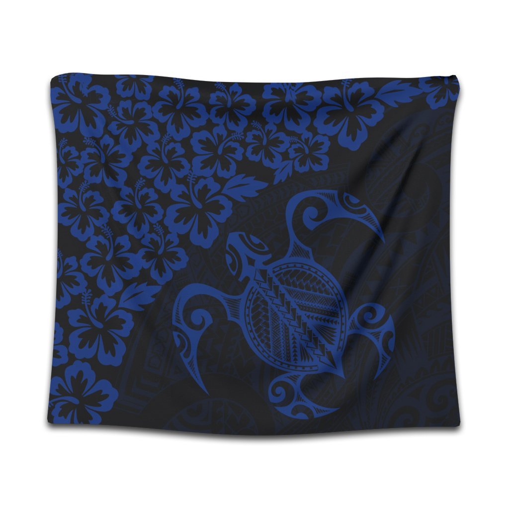 Hawaiian Map Turtle Hibiscus Kanaka Polynesian Tapestry - Blue - AH Wall Tapestry Black - Polynesian Pride