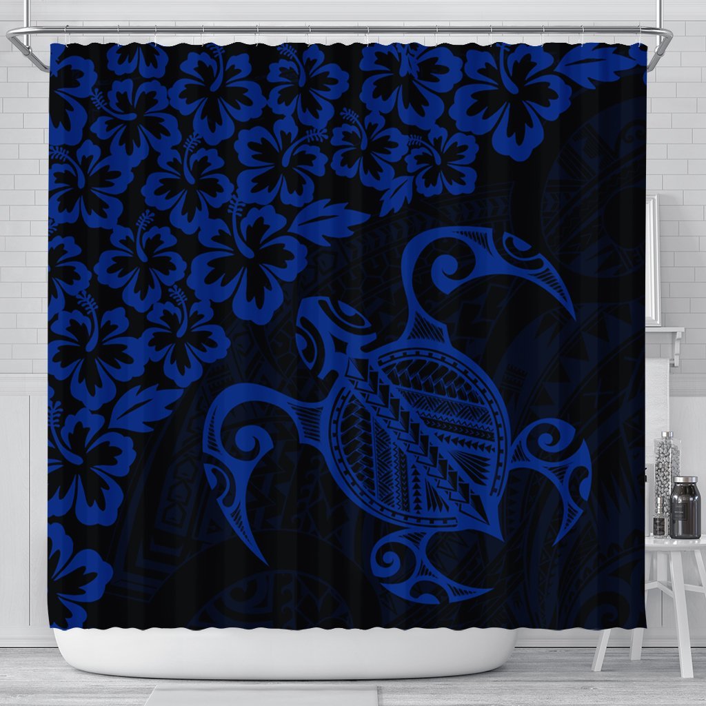 Hawaiian Map Turtle Hibiscus Kanaka Polynesian Shower Curtain - Blue - AH 177 x 172 (cm) Black - Polynesian Pride