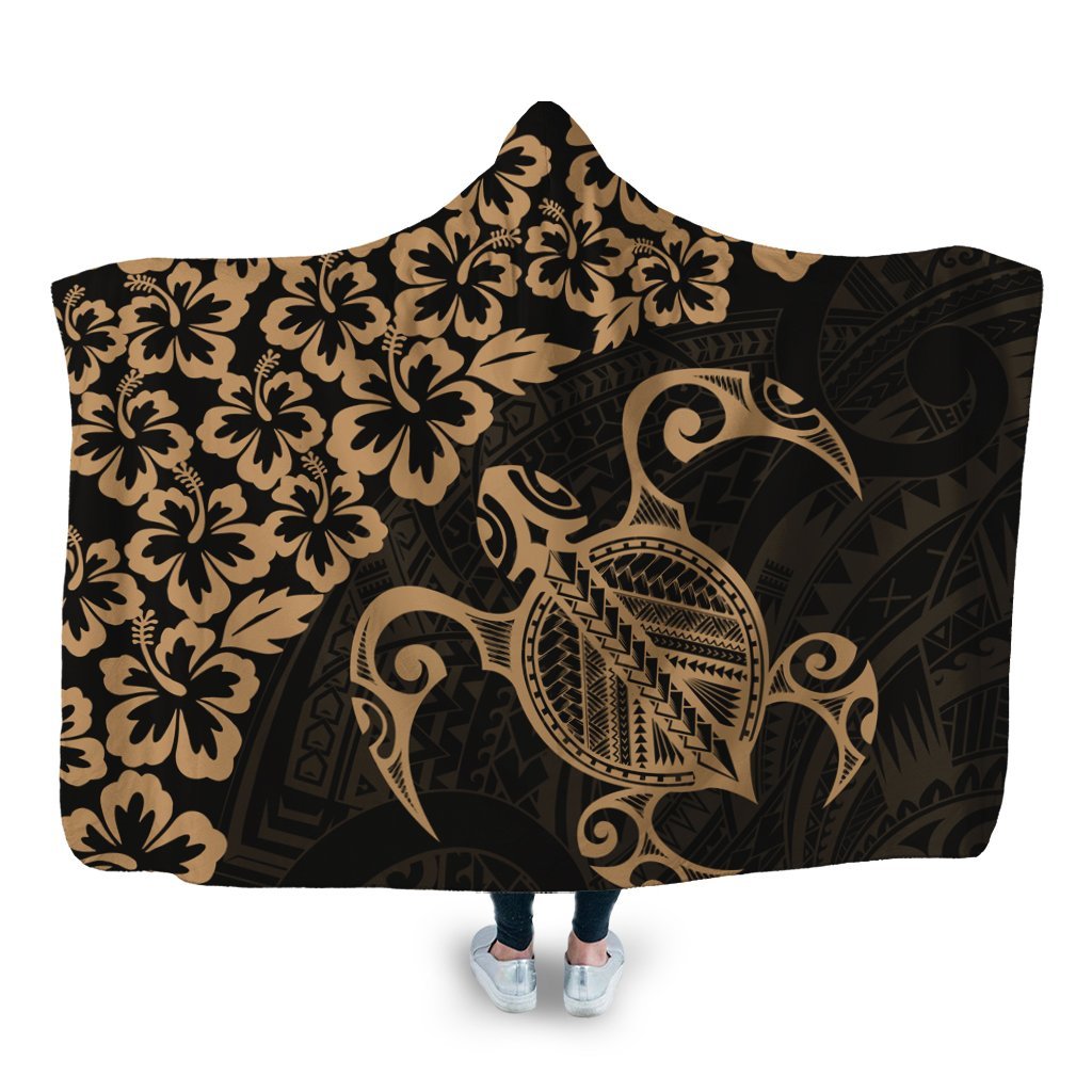 Hawaiian Map Turtle Hibiscus Kanaka Polynesian Hooded Blanket - Gold - AH Hooded Blanket White - Polynesian Pride