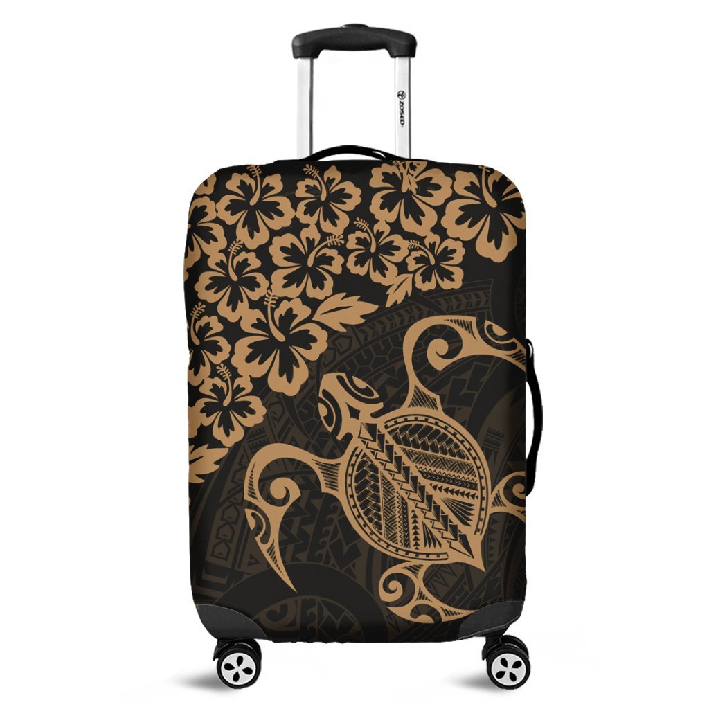 Hawaiian Map Turtle Hibiscus Kanaka Polynesian Luggage Covers - Gold - AH Black - Polynesian Pride