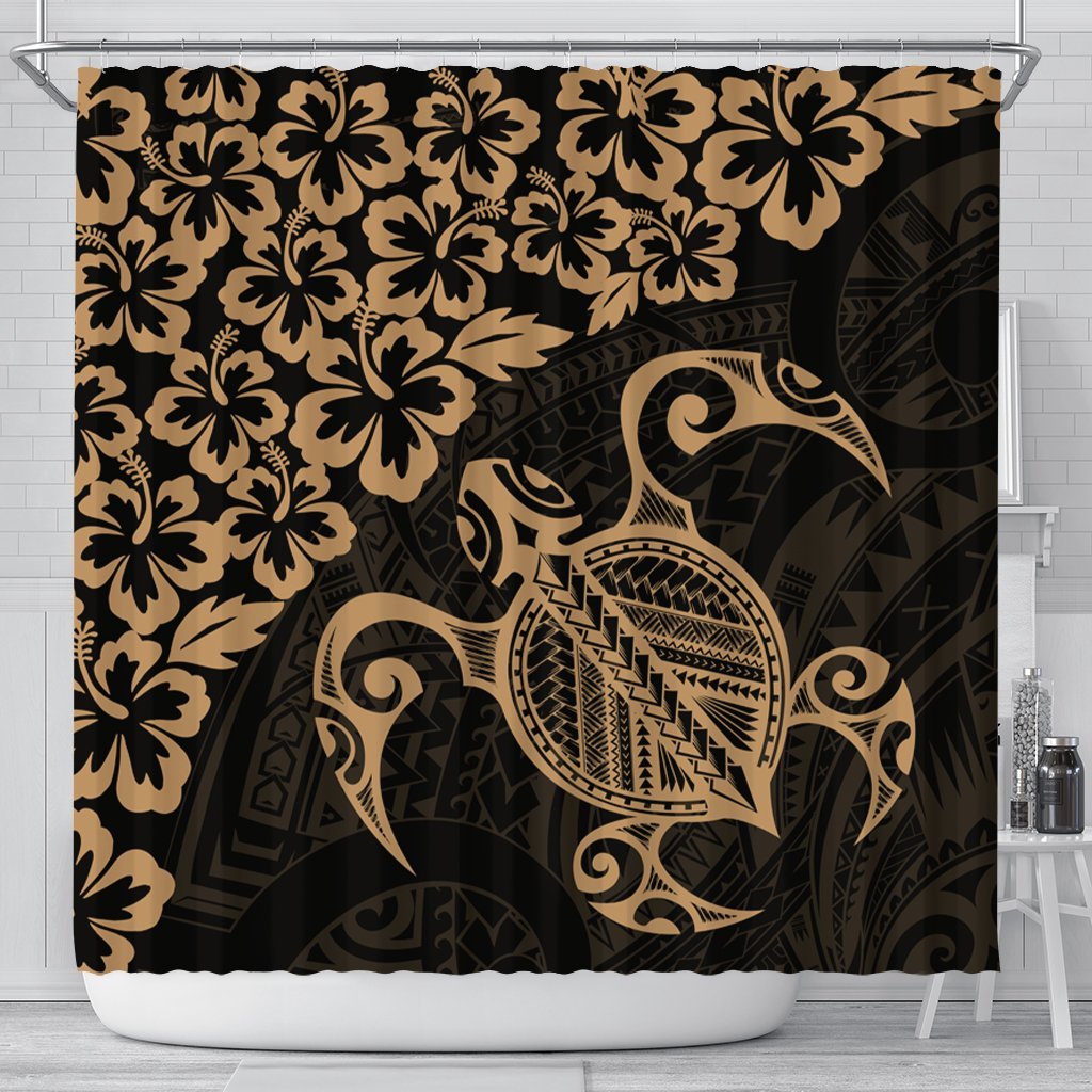 Hawaiian Map Turtle Hibiscus Kanaka Polynesian Shower Curtain - Gold - AH 177 x 172 (cm) Black - Polynesian Pride