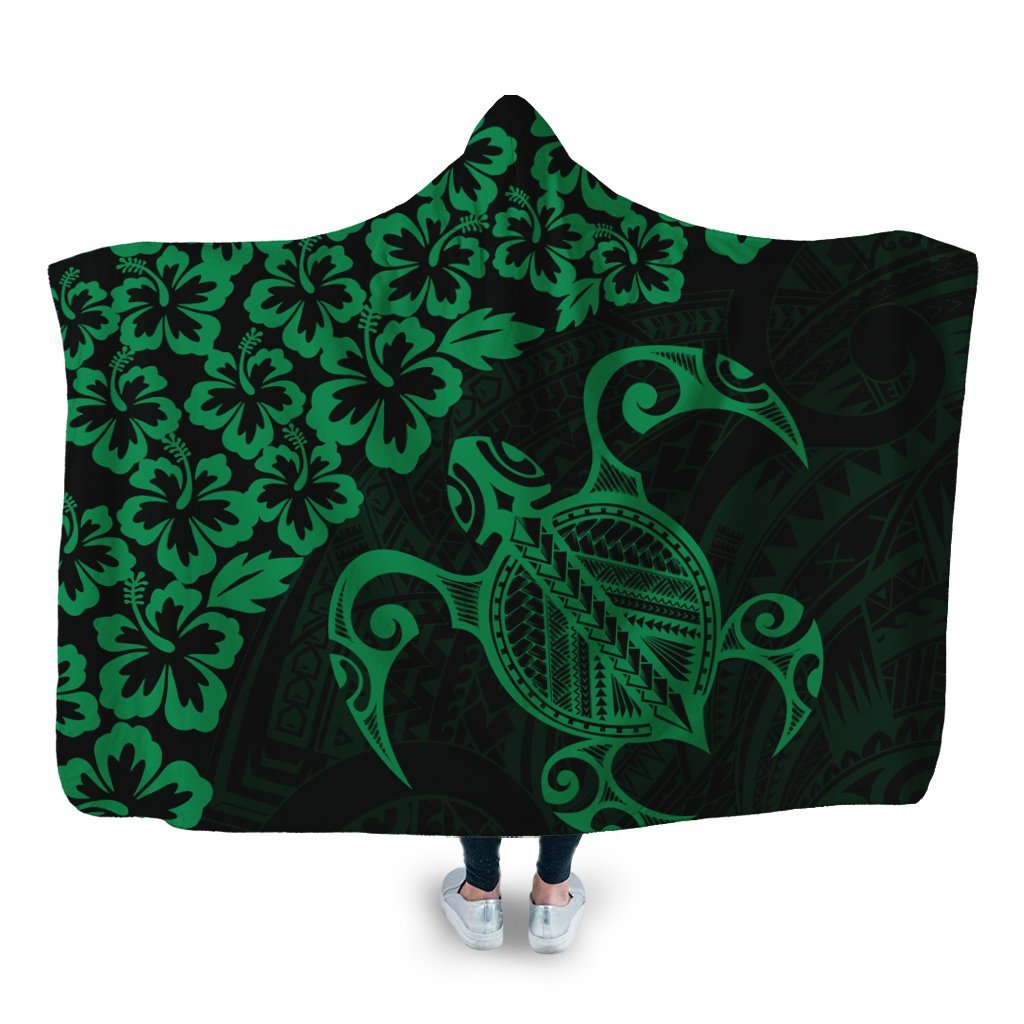 Hawaiian Map Turtle Hibiscus Kanaka Polynesian Hooded Blanket - Green - AH Hooded Blanket White - Polynesian Pride