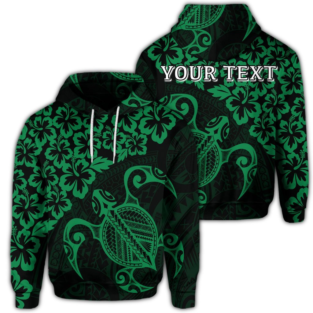 Custom Hawaiian Map Turtle Hibiscus Kanaka Polynesian Hoodie Green Unisex Art - Polynesian Pride