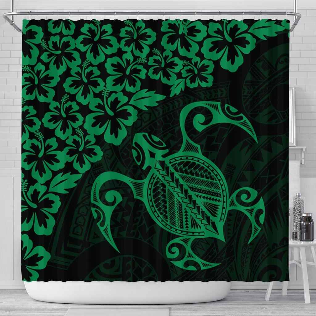 Hawaiian Map Turtle Hibiscus Kanaka Polynesian Shower Curtain - Green - AH 177 x 172 (cm) Black - Polynesian Pride