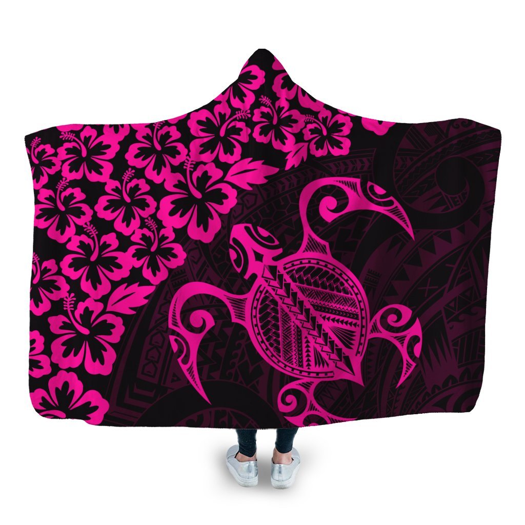 Hawaiian Map Turtle Hibiscus Kanaka Polynesian Hooded Blanket - Pink - AH Hooded Blanket White - Polynesian Pride