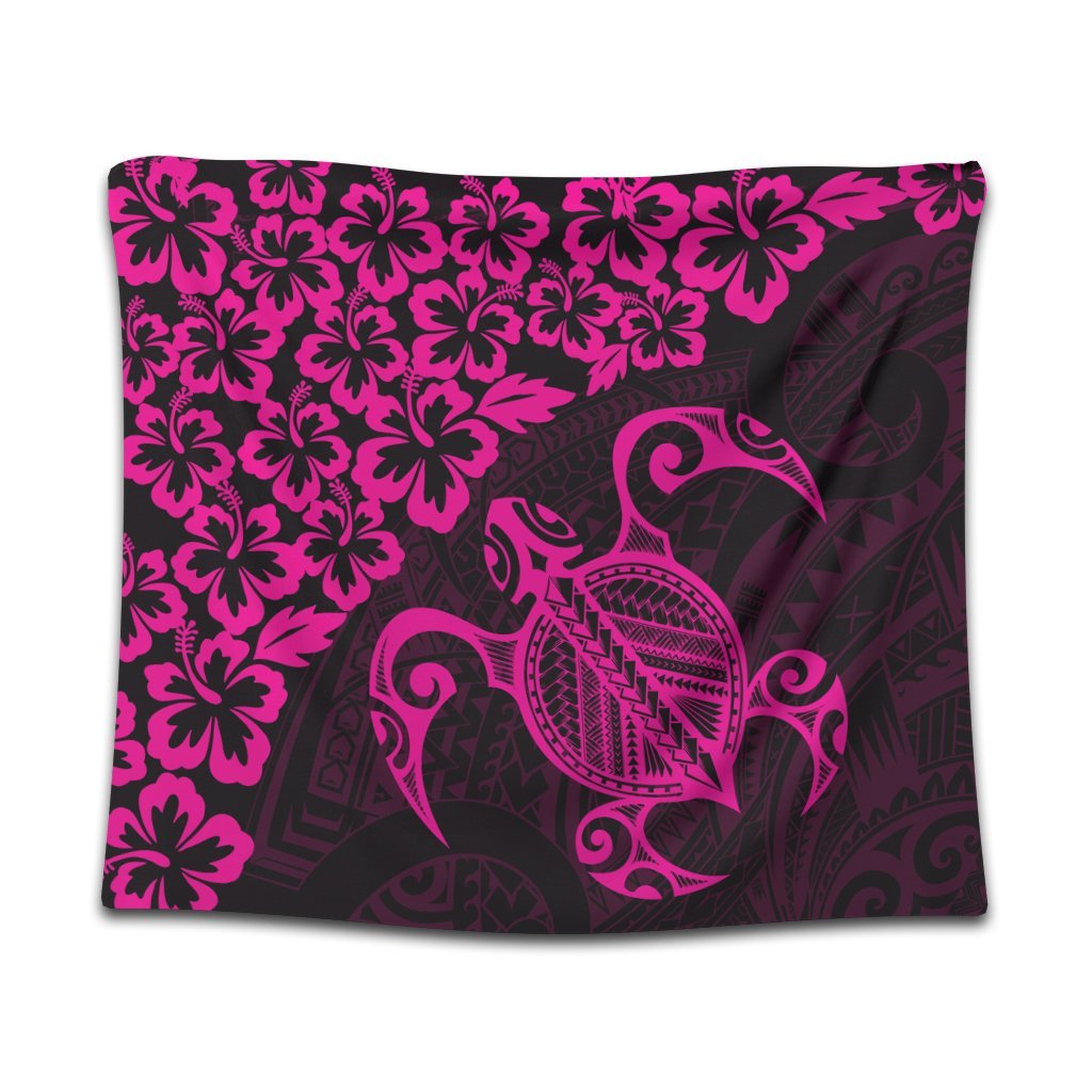 Hawaiian Map Turtle Hibiscus Kanaka Polynesian Tapestry - Pink - AH Wall Tapestry Black - Polynesian Pride