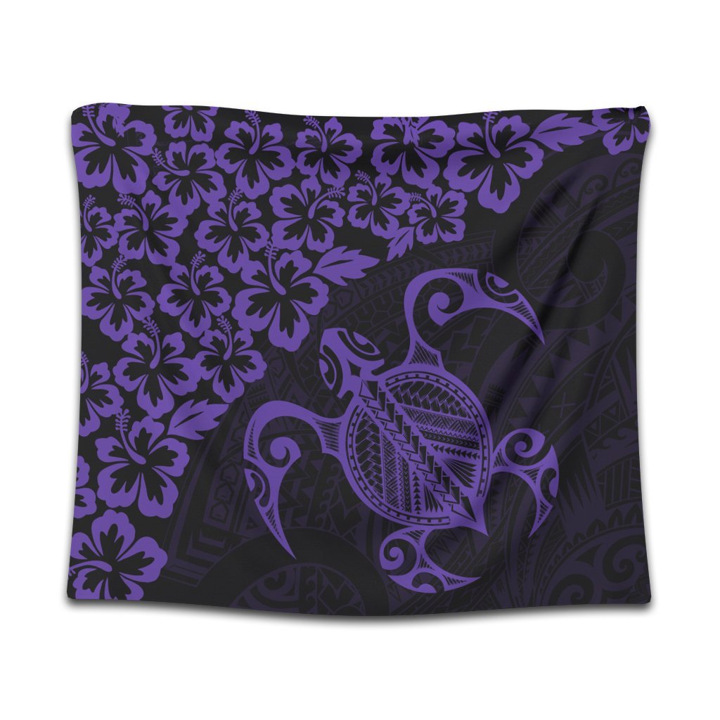 Hawaiian Map Turtle Hibiscus Kanaka Polynesian Tapestry - Purple - AH Wall Tapestry Black - Polynesian Pride