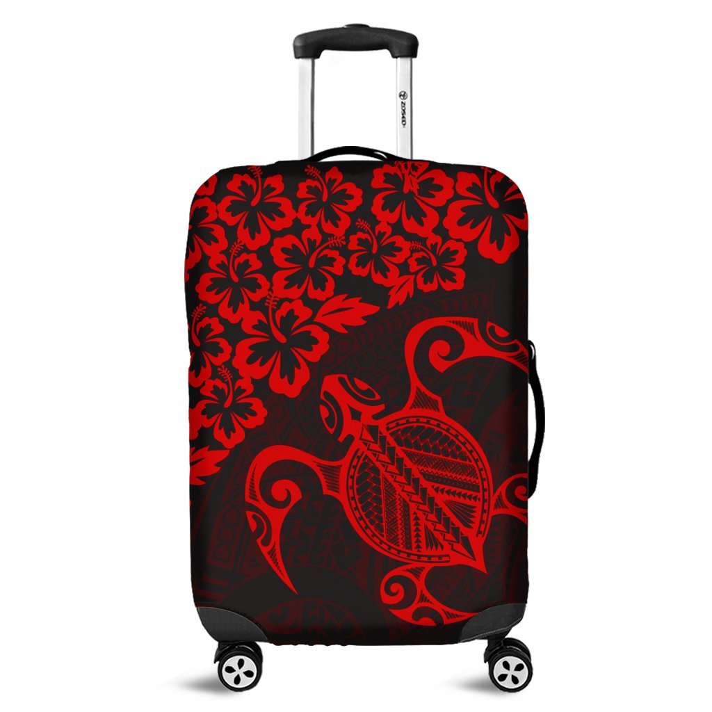 Hawaiian Map Turtle Hibiscus Kanaka Polynesian Luggage Covers - Red - AH Black - Polynesian Pride