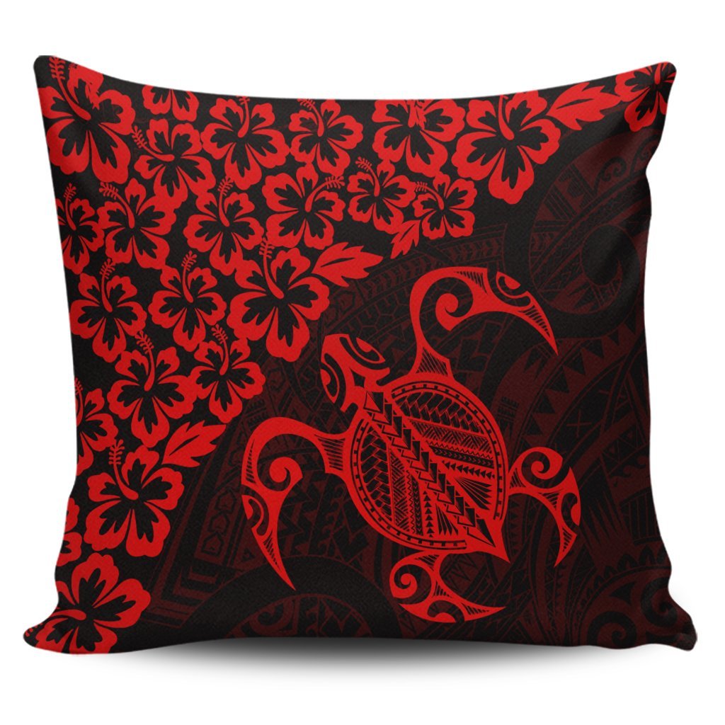 Hawaiian Map Turtle Hibiscus Kanaka Polynesian Pillow Covers - Red - AH Pillow Covers Black - Polynesian Pride