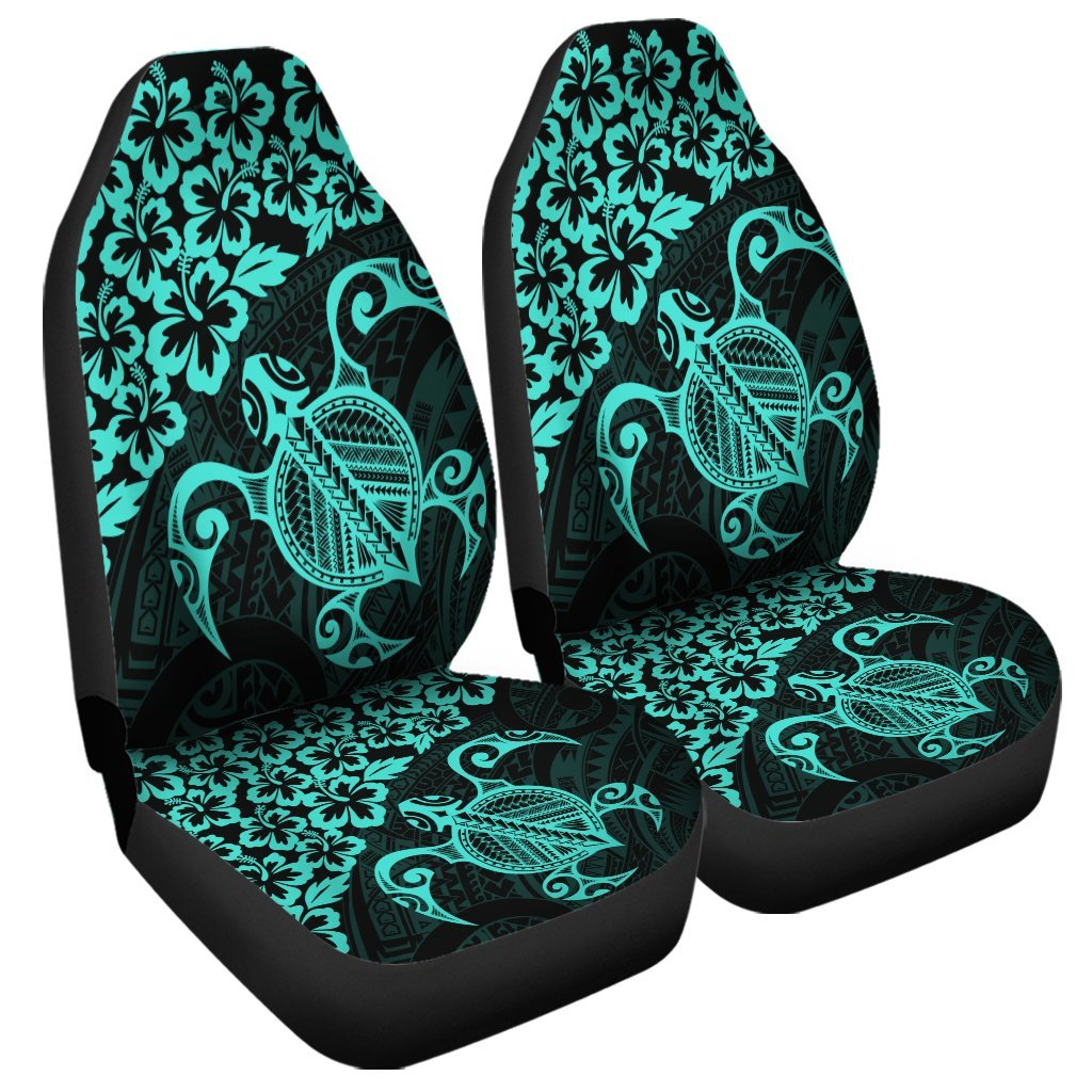 Hawaiian Map Turtle Hibiscus Kanaka Polynesian Car Seat Covers - Turquoise - AH Universal Fit Black - Polynesian Pride