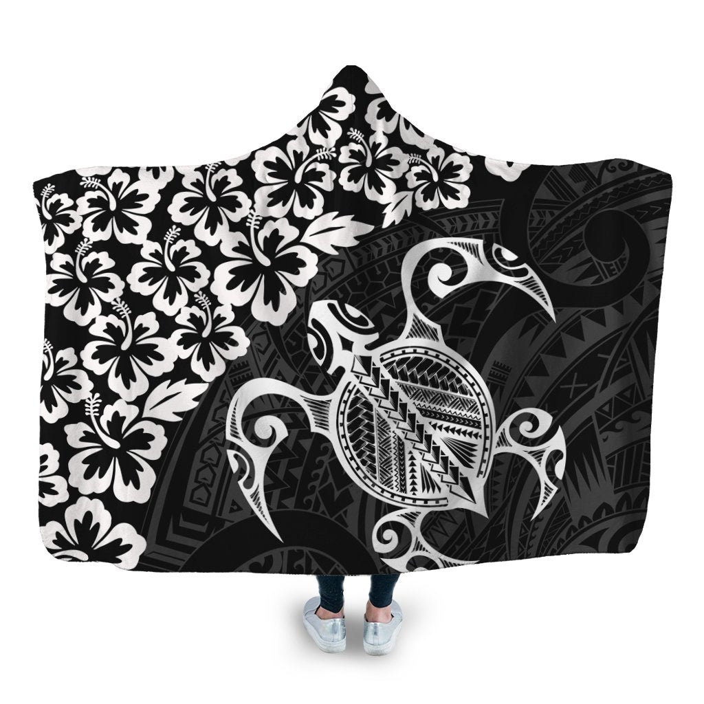 Hawaiian Map Turtle Hibiscus Kanaka Polynesian Hooded Blanket - White - AH Hooded Blanket White - Polynesian Pride