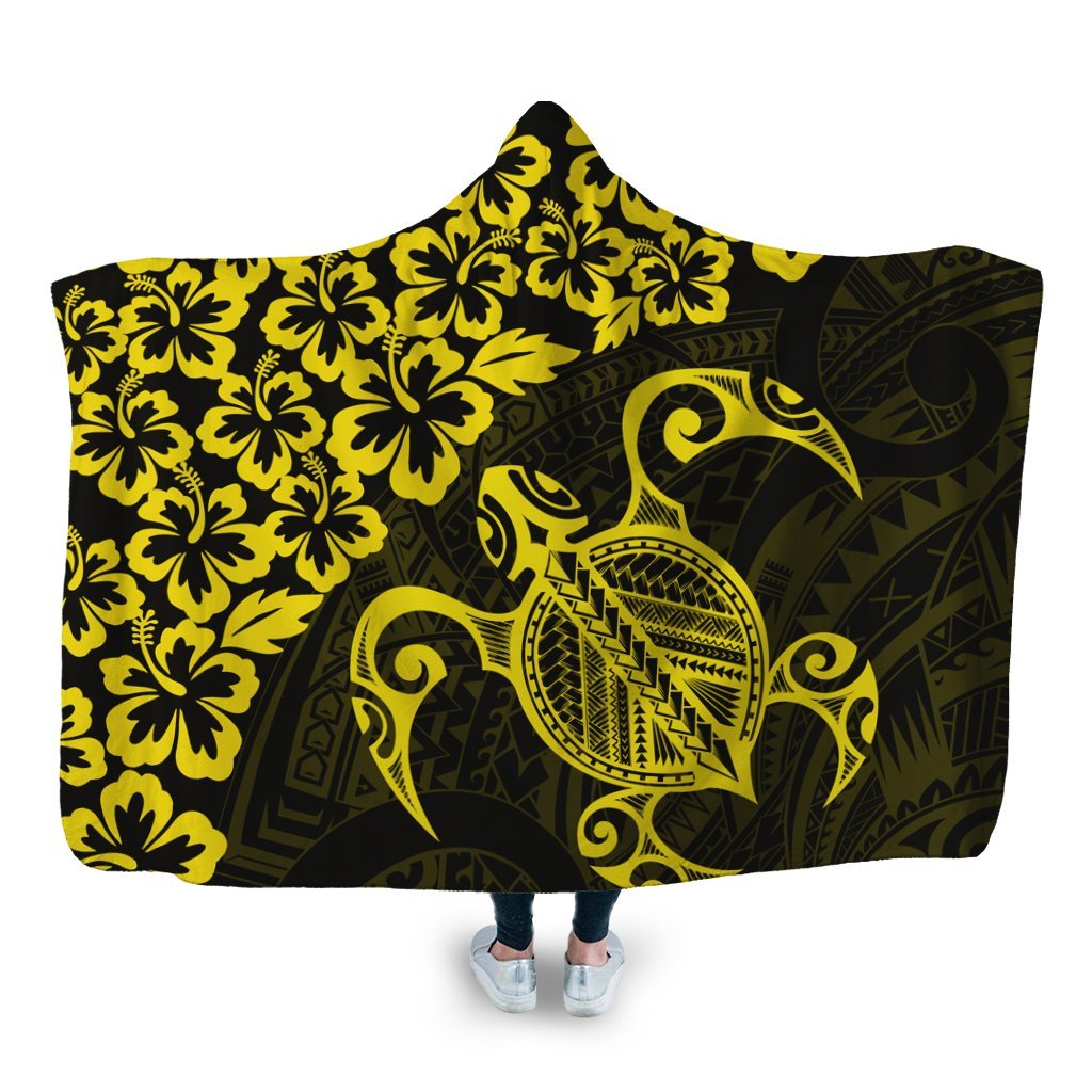 Hawaiian Map Turtle Hibiscus Kanaka Polynesian Hooded Blanket - Yellow - AH Hooded Blanket White - Polynesian Pride