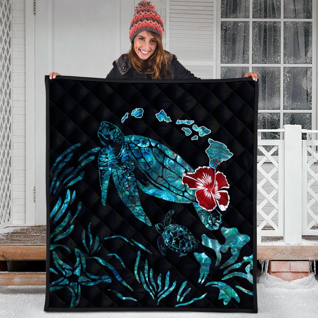 Hawaiian Map Turtle Hibiscus Ohana Honu Paua Shell Premium Quilts - AH - Polynesian Pride