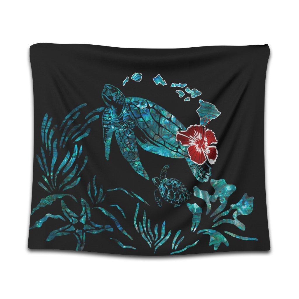 Hawaiian Map Turtle Hibiscus Ohana Honu Paua Shell Tapestry - AH Wall Tapestry Black - Polynesian Pride