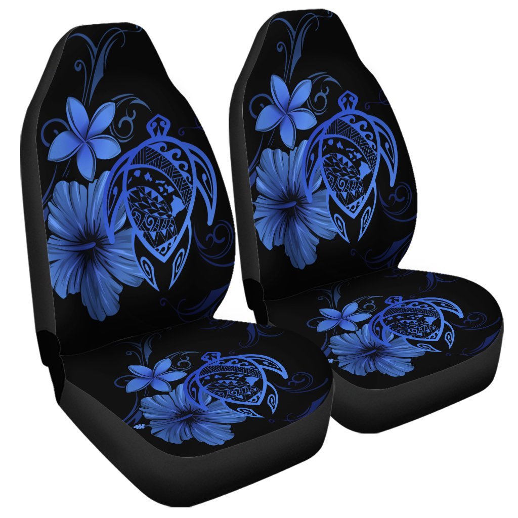 Hawaiian Map Turtle Hibiscus Plumeria Polynesian Car Seat Covers - Blue - AH Universal Fit Black - Polynesian Pride