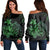 Hawaiian Map Turtle Hibiscus Plumeria Polynesian Women's Off Shoulder Sweater - Green - AH Black - Polynesian Pride