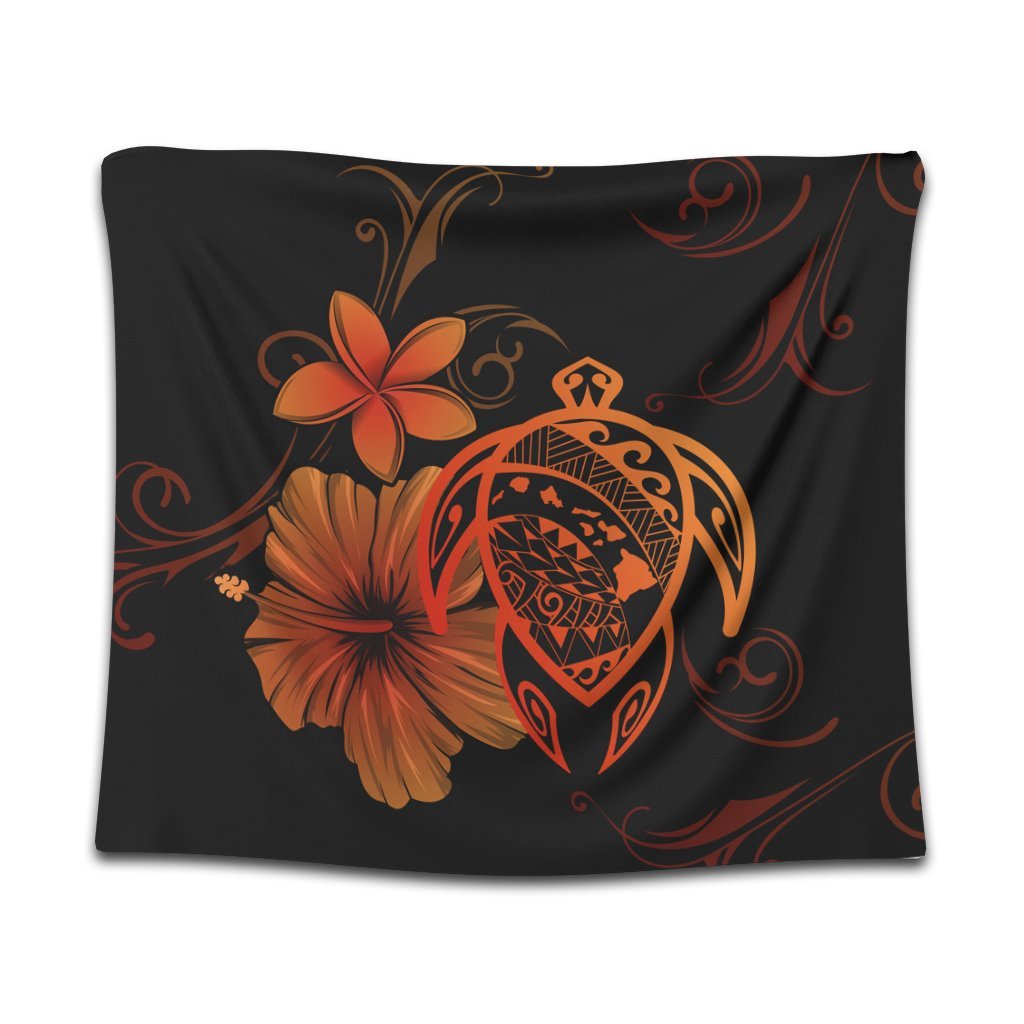 Hawaiian Map Turtle Hibiscus Plumeria Polynesian Tapestry - Orange - AH Wall Tapestry Black - Polynesian Pride