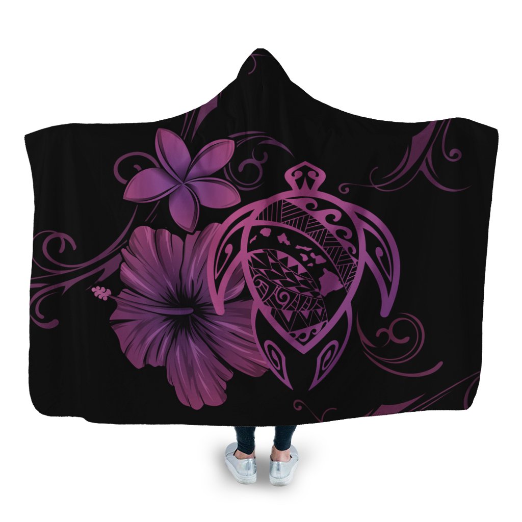 Hawaiian Map Turtle Hibiscus Plumeria Polynesian Hooded Blanket - Pink - AH Hooded Blanket White - Polynesian Pride