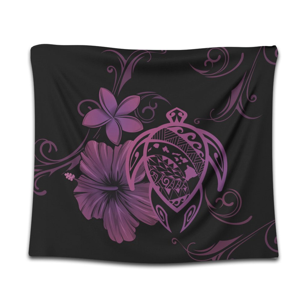 Hawaiian Map Turtle Hibiscus Plumeria Polynesian Tapestry - Pink - AH Wall Tapestry Black - Polynesian Pride