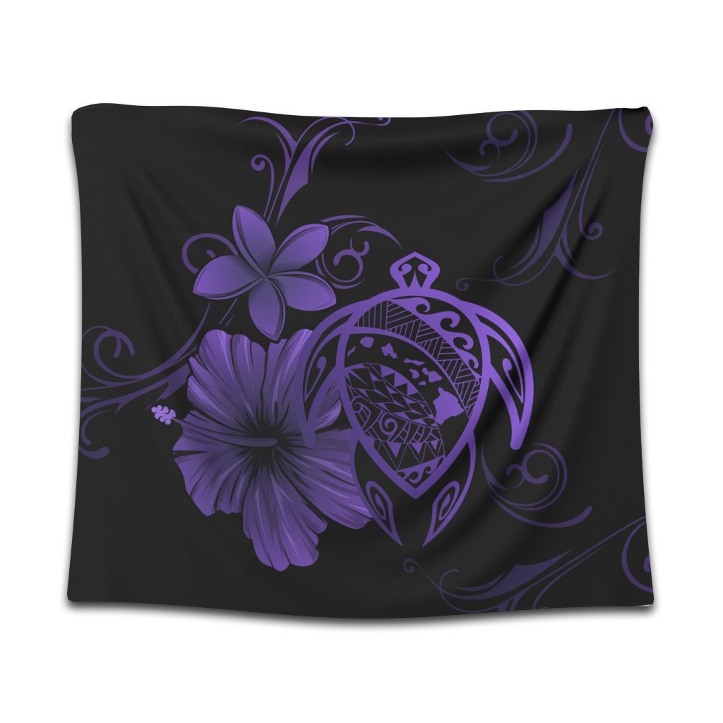 Hawaiian Map Turtle Hibiscus Plumeria Polynesian Tapestry - Purple - AH Wall Tapestry Black - Polynesian Pride