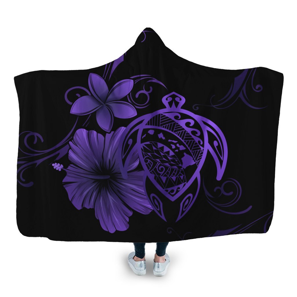 Hawaiian Map Turtle Hibiscus Plumeria Polynesian Hooded Blanket - Purple - AH Hooded Blanket White - Polynesian Pride