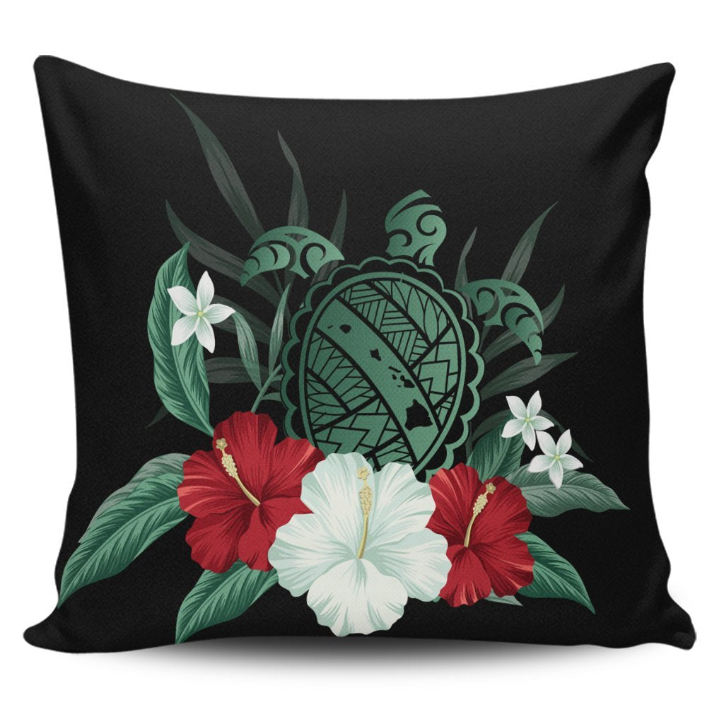 Hawaiian Map Turtle Hibiscus Polynesian Pillow Covers - AH Pillow Covers Black - Polynesian Pride