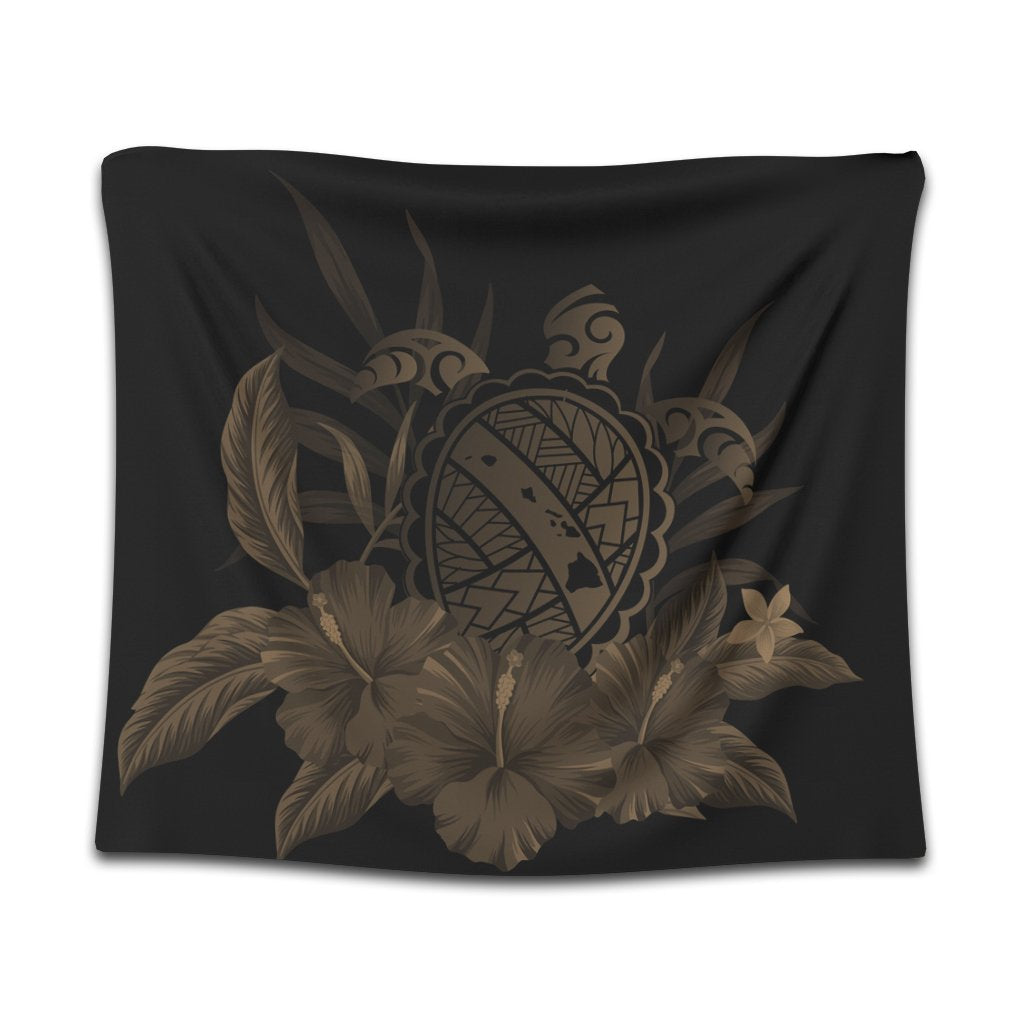 Hawaiian Map Turtle Hibiscus Polynesian Tapestry - Gold - AH Wall Tapestry Black - Polynesian Pride