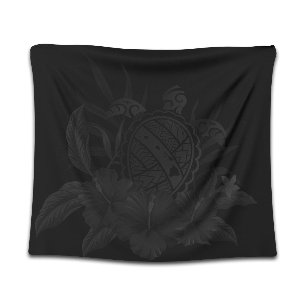 Hawaiian Map Turtle Hibiscus Polynesian Tapestry - Gray - AH Wall Tapestry Black - Polynesian Pride