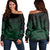 Hawaiian Map Turtle Hibiscus Polynesian Women's Off Shoulder Sweater - Green - AH Black - Polynesian Pride