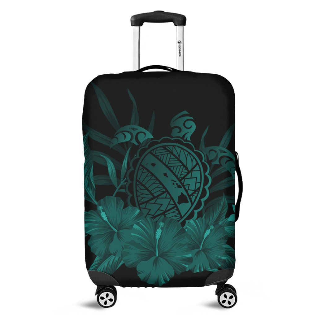 Hawaiian Map Turtle Hibiscus Polynesian Luggage Covers - Turquoise - AH Black - Polynesian Pride