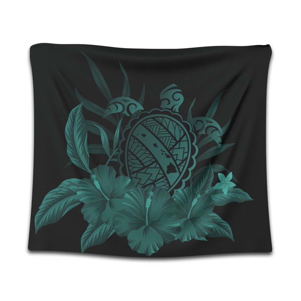 Hawaiian Map Turtle Hibiscus Polynesian Tapestry - Turquoise - AH Wall Tapestry Black - Polynesian Pride