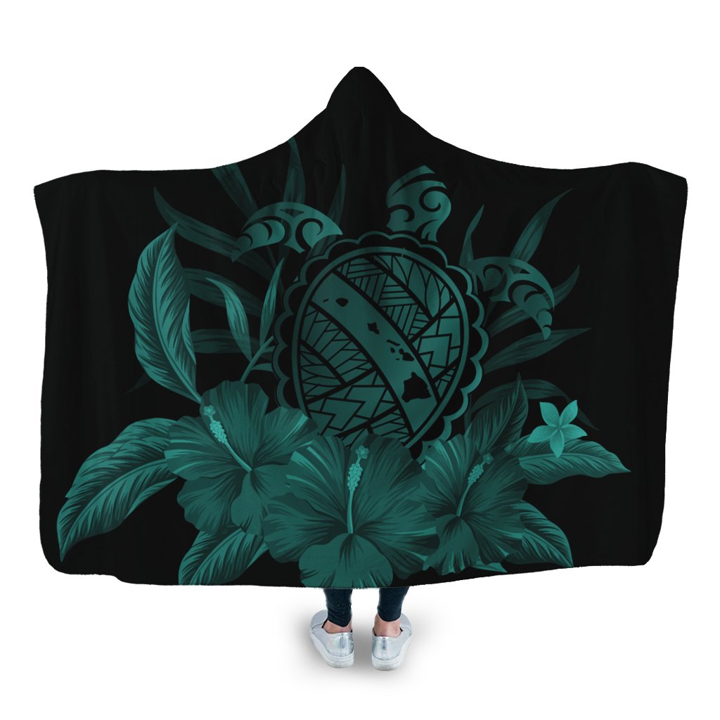 Hawaiian Map Turtle Hibiscus Polynesian Hooded Blanket - Turquoise - AH Hooded Blanket White - Polynesian Pride