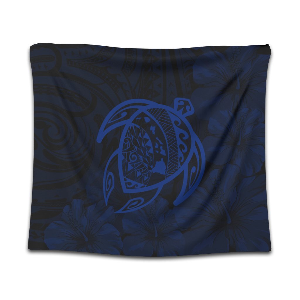 Hawaiian Map Turtle Kanaka Hibiscus Polynesian Tapestry - Blue - AH Wall Tapestry Black - Polynesian Pride