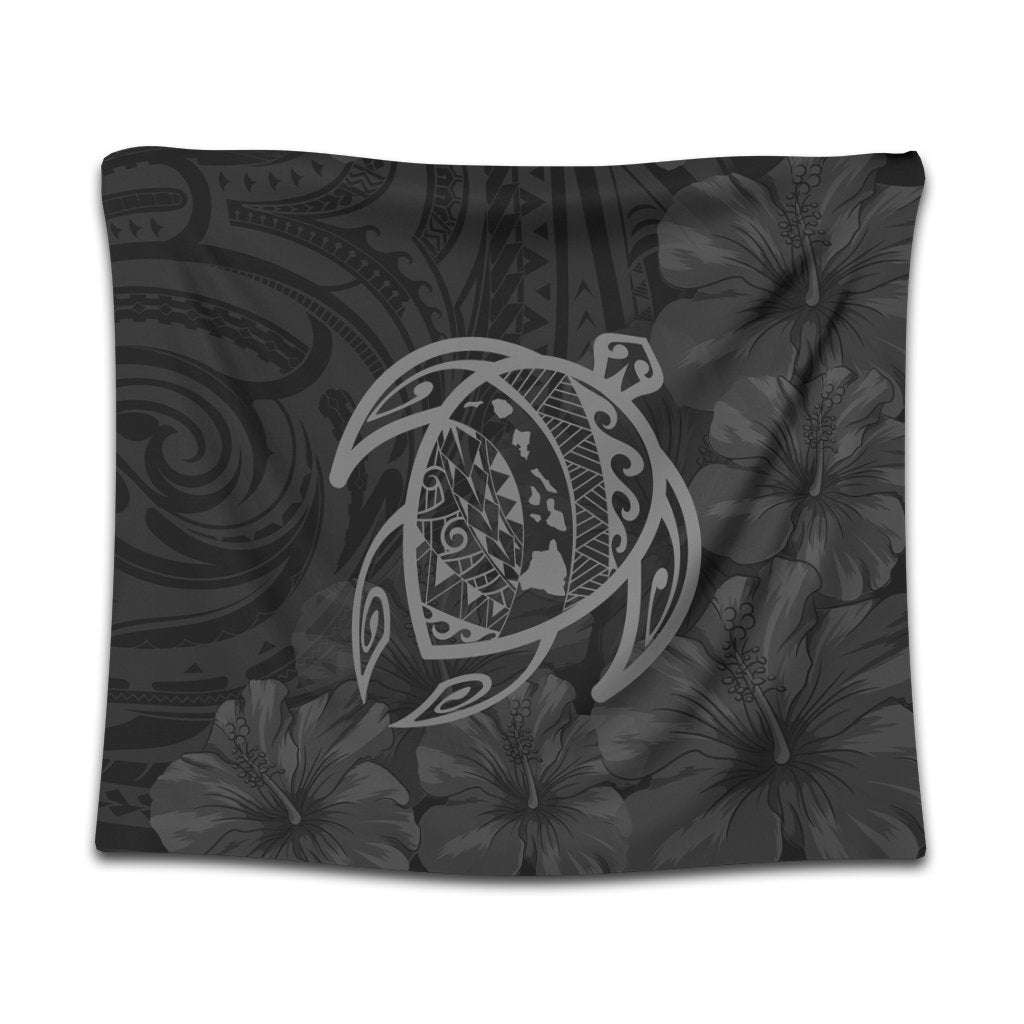 Hawaiian Map Turtle Kanaka Hibiscus Polynesian Tapestry - Gray - AH Wall Tapestry Black - Polynesian Pride