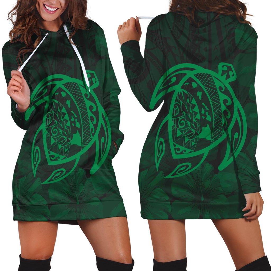 Hawaiian Map Turtle Kanaka Hibiscus Polynesian Hoodie Dress - Green - AH Black - Polynesian Pride