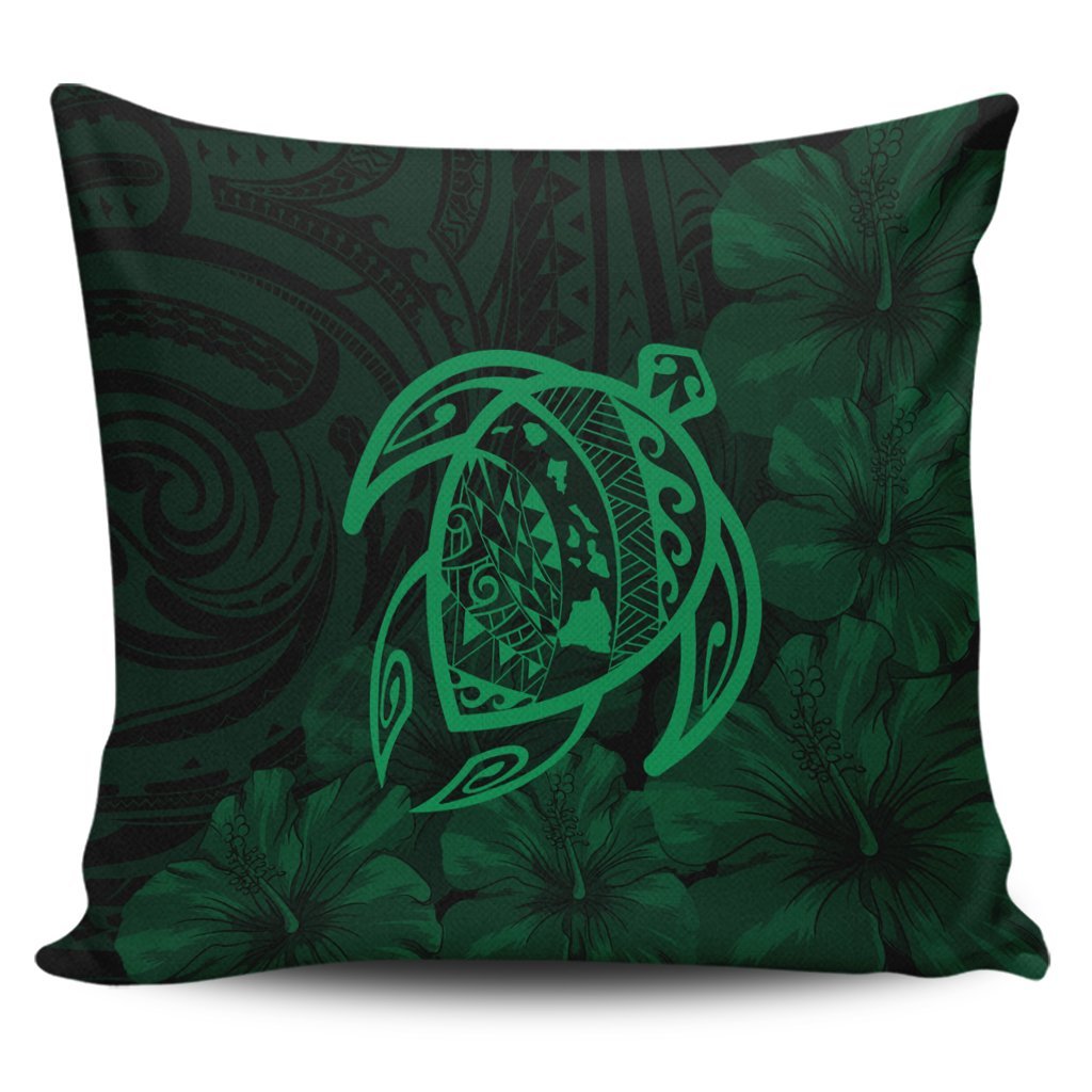 Hawaiian Map Turtle Kanaka Hibiscus Polynesian Pillow Covers - Green - AH Pillow Covers Black - Polynesian Pride