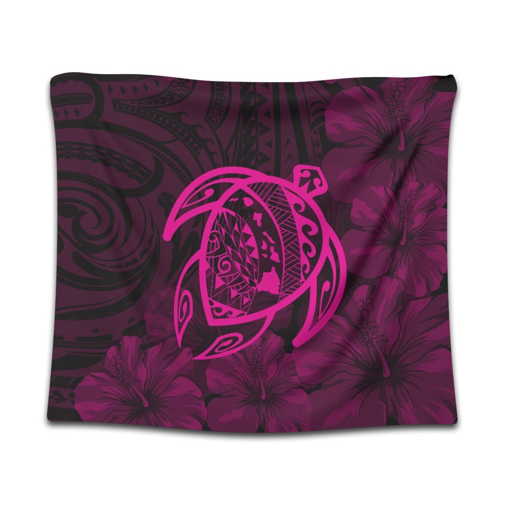 Hawaiian Map Turtle Kanaka Hibiscus Polynesian Tapestry - Pink - AH Wall Tapestry Black - Polynesian Pride