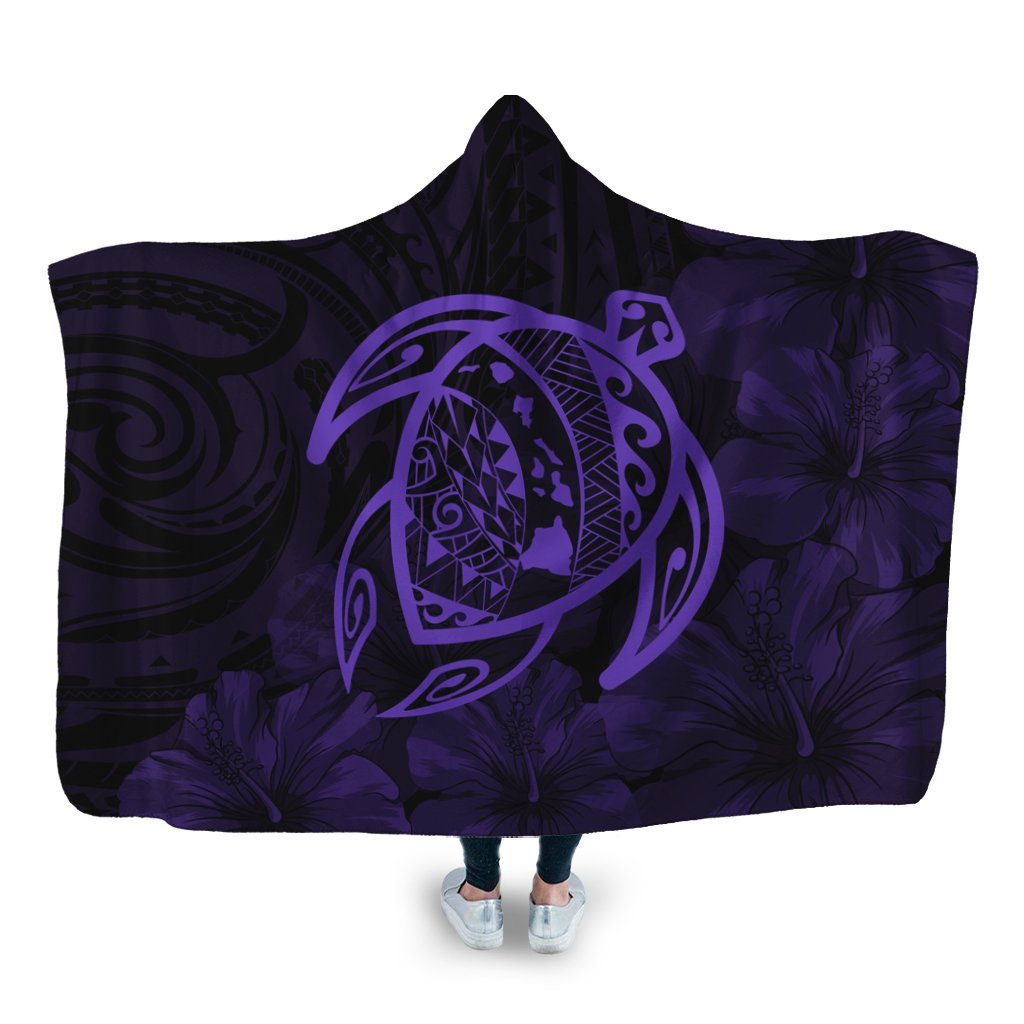 Hawaiian Map Turtle Kanaka Hibiscus Polynesian Hooded Blanket - Purple - AH Hooded Blanket White - Polynesian Pride