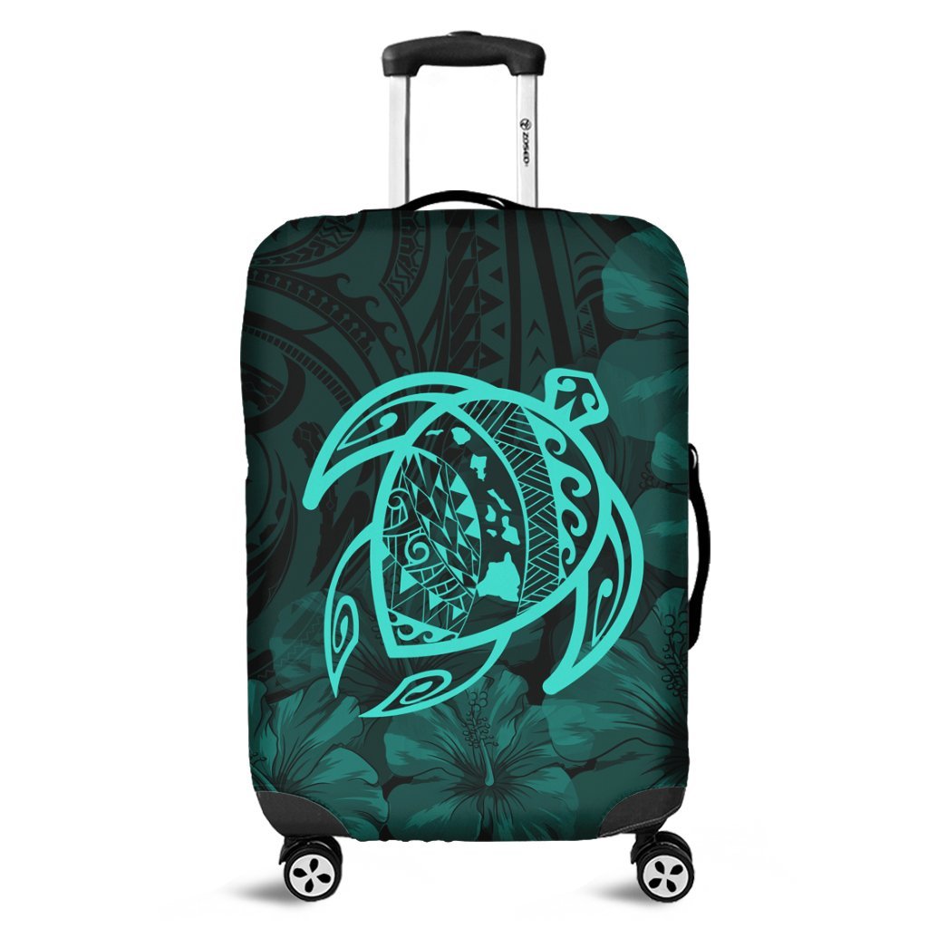 Hawaiian Map Turtle Kanaka Hibiscus Polynesian Luggage Covers - Turquoise - AH Black - Polynesian Pride