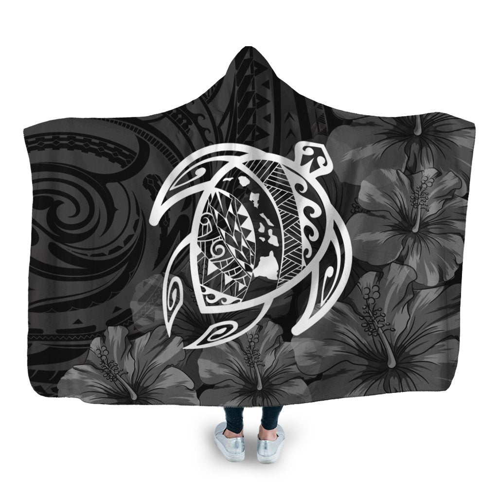 Hawaiian Map Turtle Kanaka Hibiscus Polynesian Hooded Blanket - White - AH Hooded Blanket White - Polynesian Pride