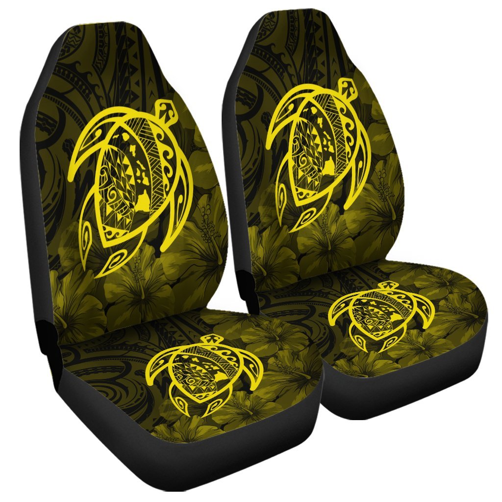 Hawaiian Map Turtle Kanaka Hibiscus Polynesian Car Seat Covers - Yellow - AH Universal Fit Black - Polynesian Pride