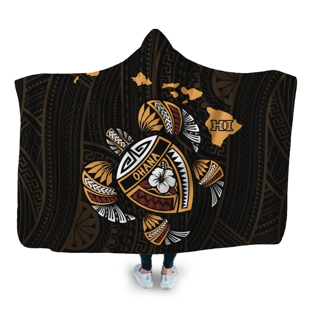 Hawaiian Map Turtle Ohana Hibicus Polynesian Hooded Blanket - AH Hooded Blanket White - Polynesian Pride