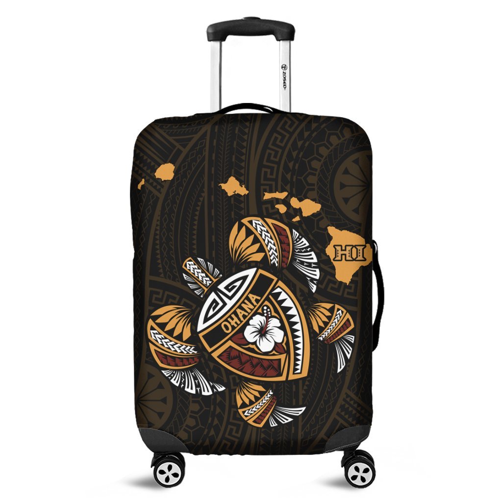 Hawaiian Map Turtle Ohana Hibicus Polynesian Luggage Covers - AH Black - Polynesian Pride